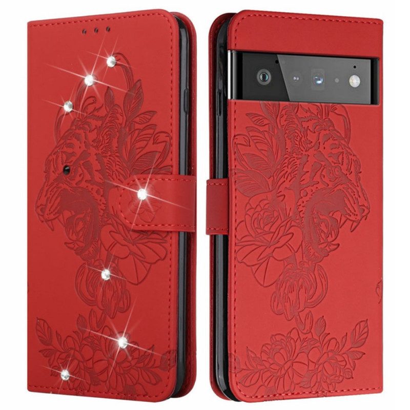 Flip Case Für Google Pixel 6 Pro Barocker Tiger Und Strass