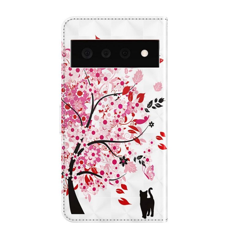 Lederhüllen Für Google Pixel 6 Pro Rosa Baum Und Schwarze Katze