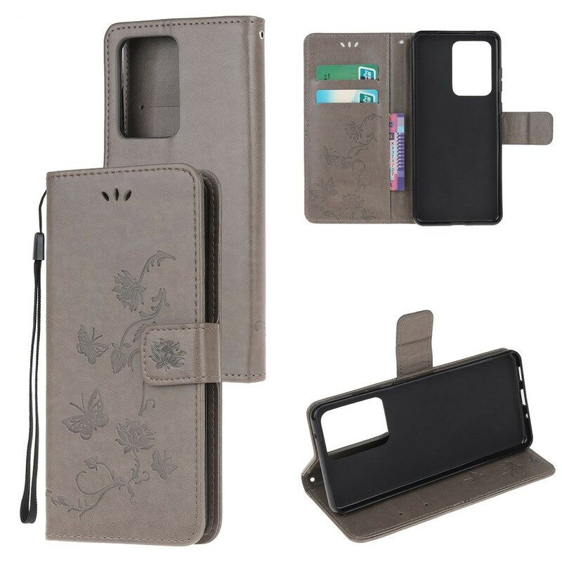 Flip Case Für Samsung Galaxy Note 20 Ultra Mit Kordel Tanga-schmetterlinge Und Blumen