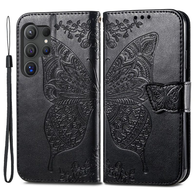 Lederhüllen Für Samsung Galaxy S24 Ultra 5g Barocker Schmetterling Mit Riemen