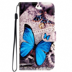 Lederhüllen Für Samsung Galaxy S24 Ultra 5g Blauer Schmetterling Mit Riemen