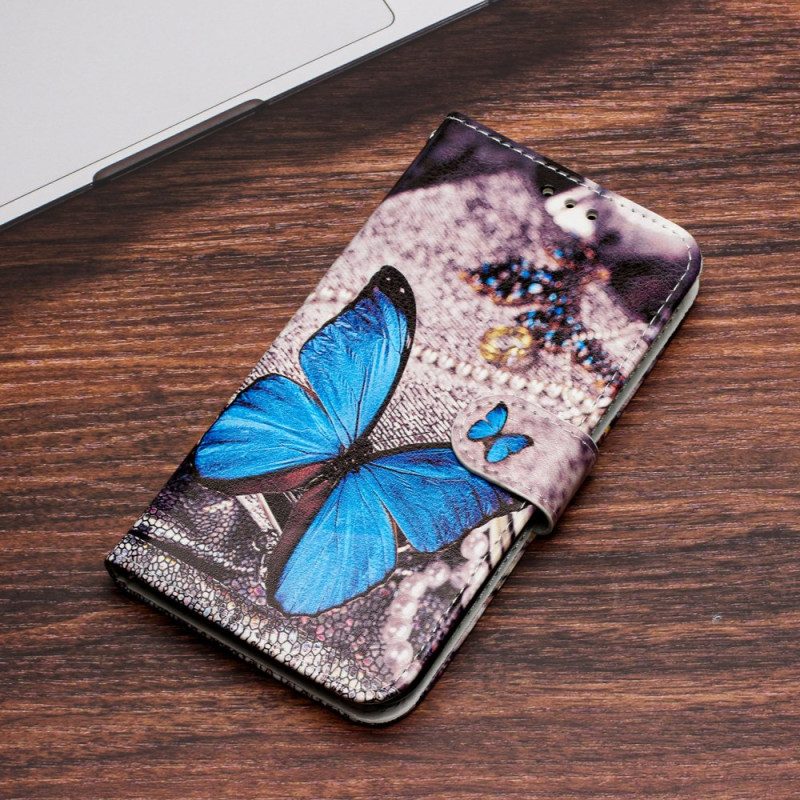 Lederhüllen Für Samsung Galaxy S24 Ultra 5g Blauer Schmetterling Mit Riemen