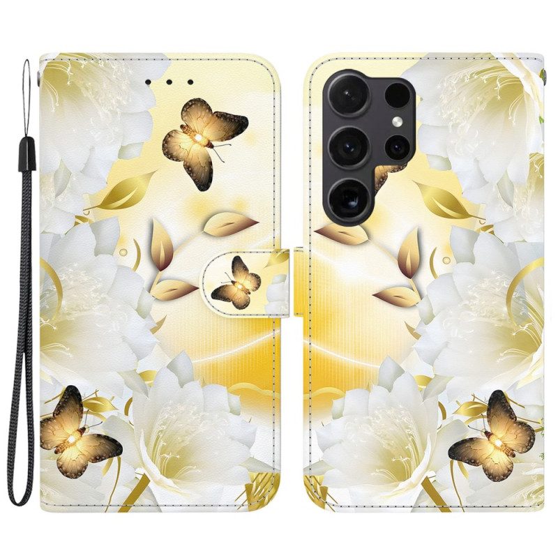 Lederhüllen Für Samsung Galaxy S24 Ultra 5g Goldene Schmetterlinge Und Weiße Blumen Mit Riemen