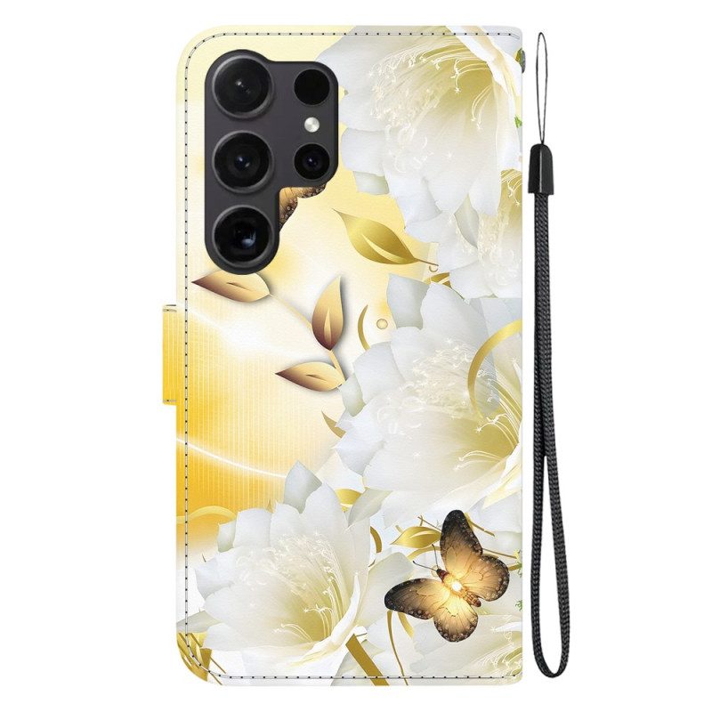 Lederhüllen Für Samsung Galaxy S24 Ultra 5g Goldene Schmetterlinge Und Weiße Blumen Mit Riemen