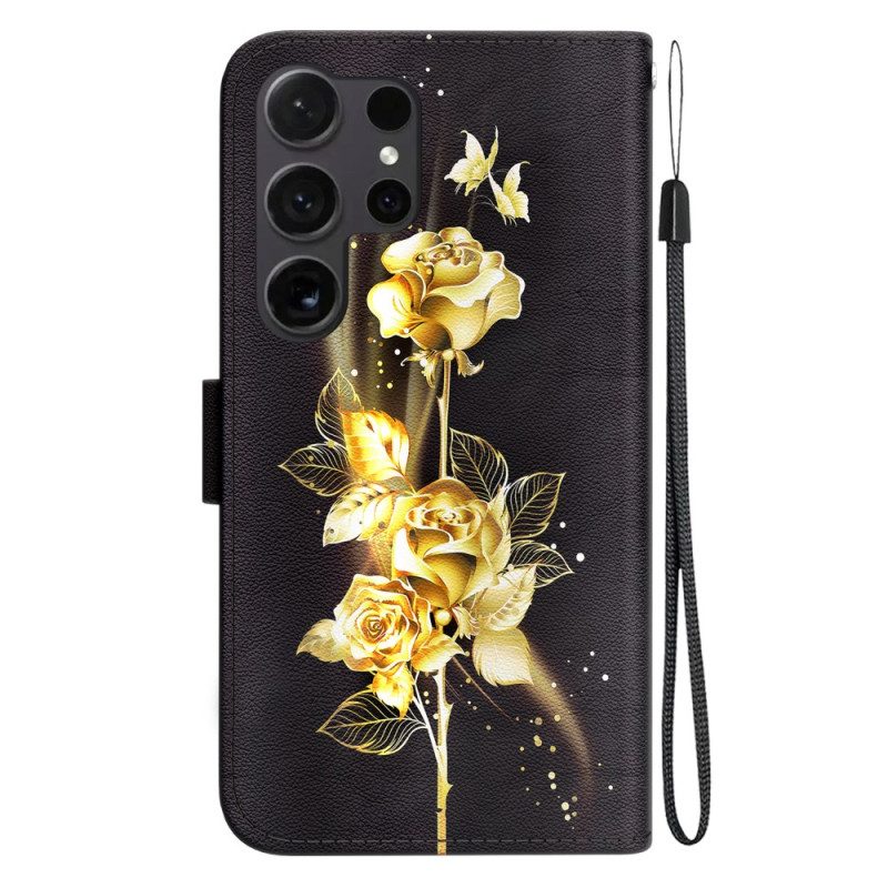 Lederhüllen Für Samsung Galaxy S24 Ultra 5g Goldschmetterling Und Rose Mit Riemen