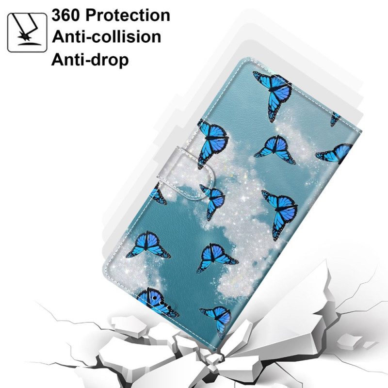 Lederhüllen Für Samsung Galaxy S24 Ultra 5g Weiße Wolken Und Blaue Schmetterlinge Mit Riemen