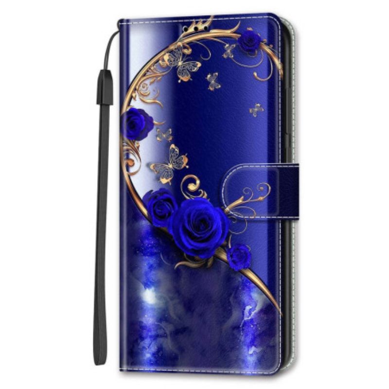 Lederhüllen Samsung Galaxy S24 Ultra 5g Blaue Rose Und Goldene Schmetterlinge Mit Riemen