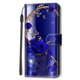 Lederhüllen Samsung Galaxy S24 Ultra 5g Blaue Rose Und Goldene Schmetterlinge Mit Riemen