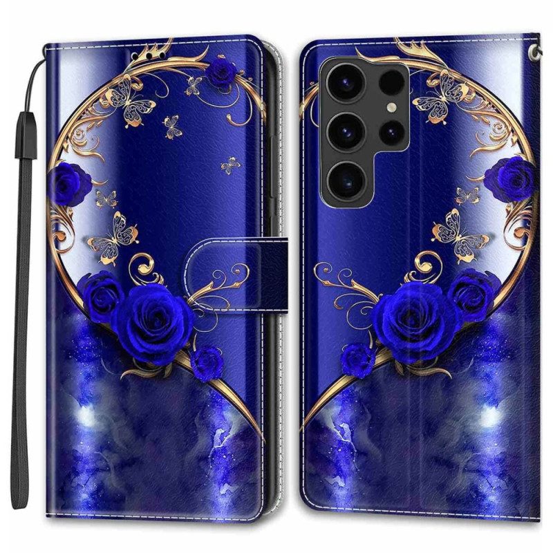 Lederhüllen Samsung Galaxy S24 Ultra 5g Blaue Rose Und Goldene Schmetterlinge Mit Riemen