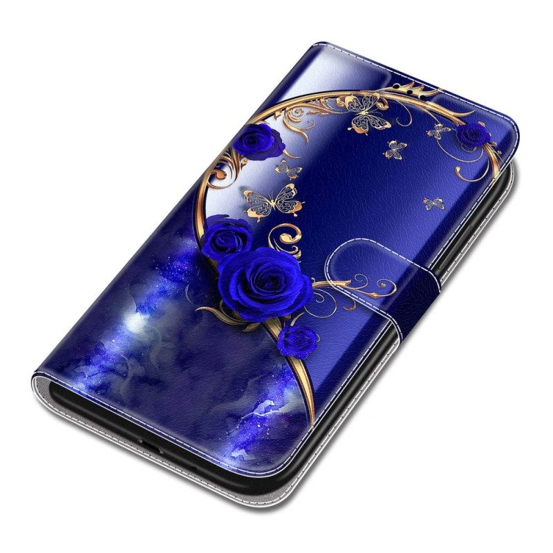 Lederhüllen Samsung Galaxy S24 Ultra 5g Blaue Rose Und Goldene Schmetterlinge Mit Riemen