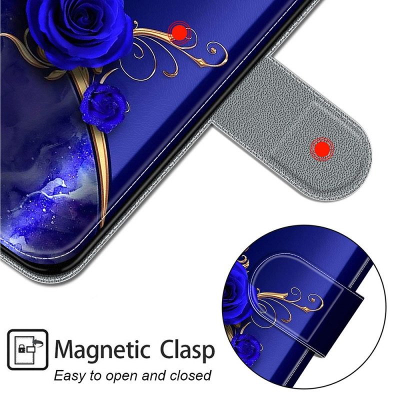 Lederhüllen Samsung Galaxy S24 Ultra 5g Blaue Rose Und Goldene Schmetterlinge Mit Riemen