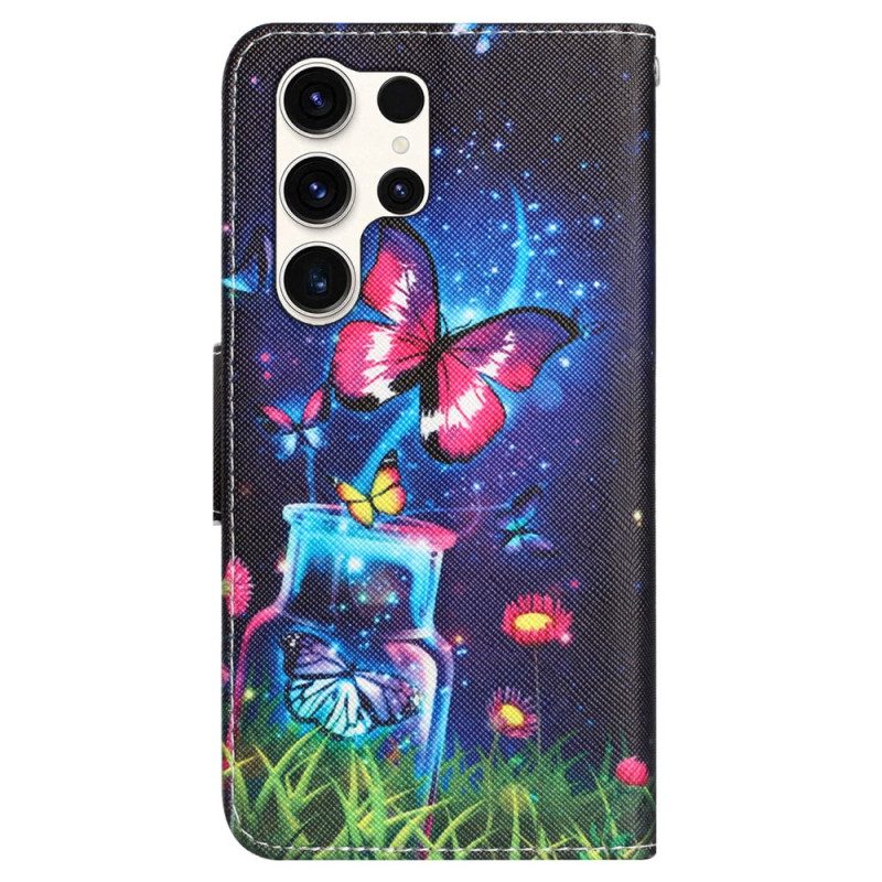 Lederhüllen Samsung Galaxy S24 Ultra 5g Flasche Und Schmetterling Mit Riemen