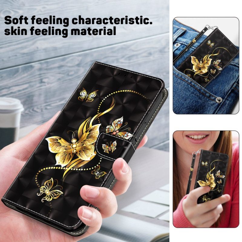 Lederhüllen Samsung Galaxy S24 Ultra 5g Handyhülle Goldene Schmetterlinge Mit Riemen