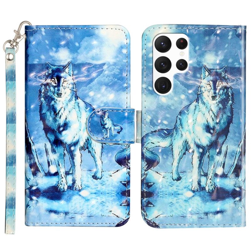 Lederhüllen Samsung Galaxy S24 Ultra 5g Handyhülle Schneewolf Mit Riemen