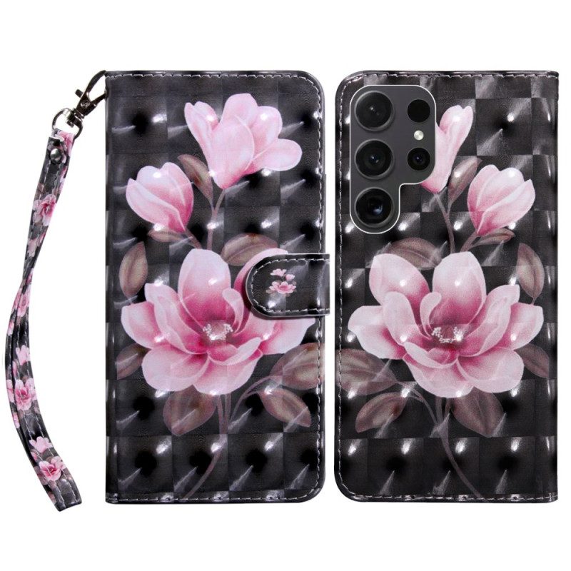 Lederhüllen Samsung Galaxy S24 Ultra 5g Rosa Blumen Auf Schwarzem Hintergrund Mit Riemen