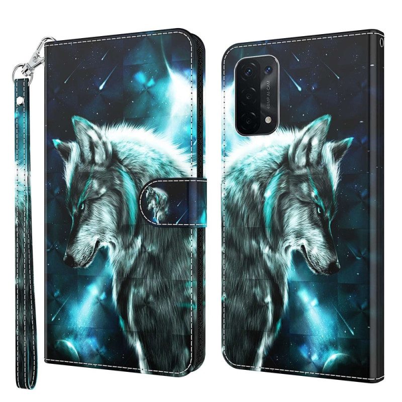 Flip Case Für Oppo A54 5G / A74 5G Mit Kordel Schlüsselband Wolf