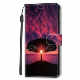 Lederhüllen Für Samsung Galaxy S24 Plus 5g Schwarzer Baum Bei Sonnenuntergang Mit Riemen