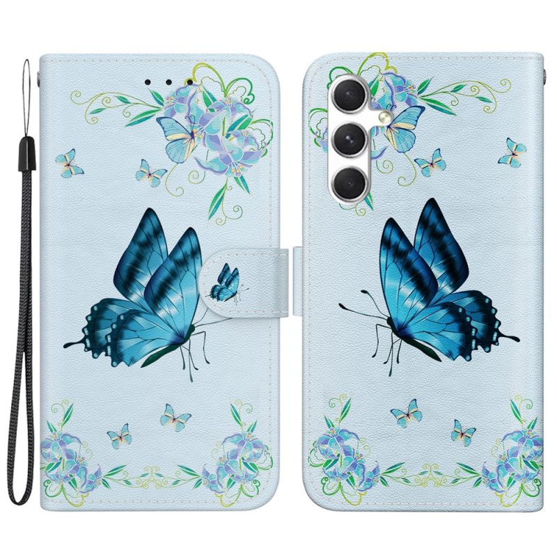 Lederhüllen Samsung Galaxy S24 Plus 5g Blauer Schmetterling Und Blume Mit Riemen