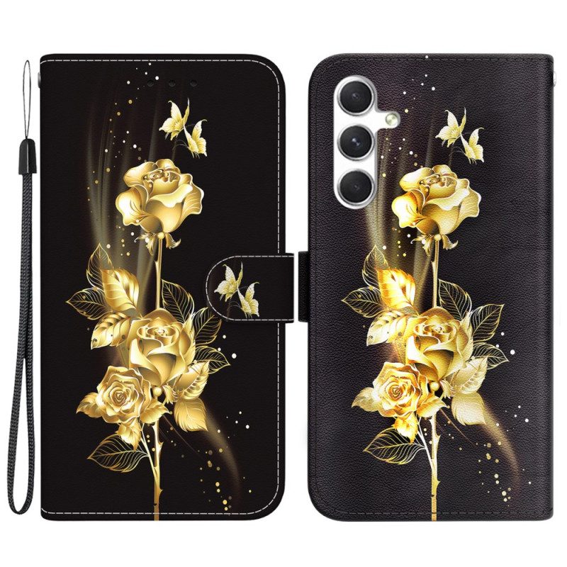 Lederhüllen Samsung Galaxy S24 Plus 5g Goldene Und Rosa Schmetterlinge Mit Riemen