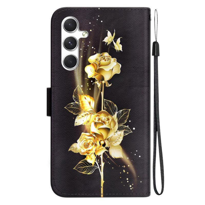 Lederhüllen Samsung Galaxy S24 Plus 5g Goldene Und Rosa Schmetterlinge Mit Riemen