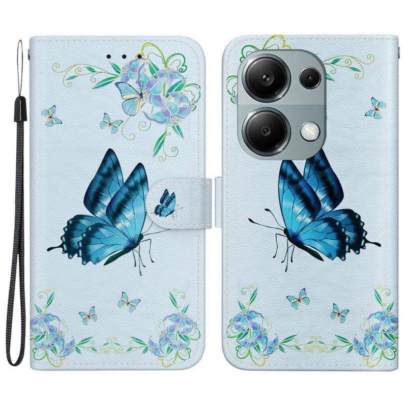 Lederhüllen Xiaomi Redmi Note 13 Pro 4g Blauer Schmetterling Und Blumen Mit Riemen