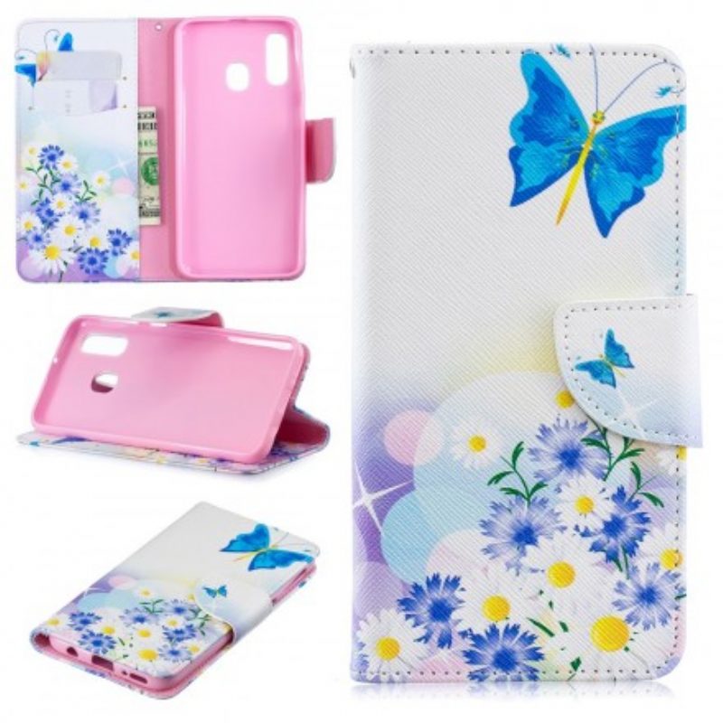 Flip Case Für Samsung Galaxy A40 Schmetterlinge Und Blumen Bemalt