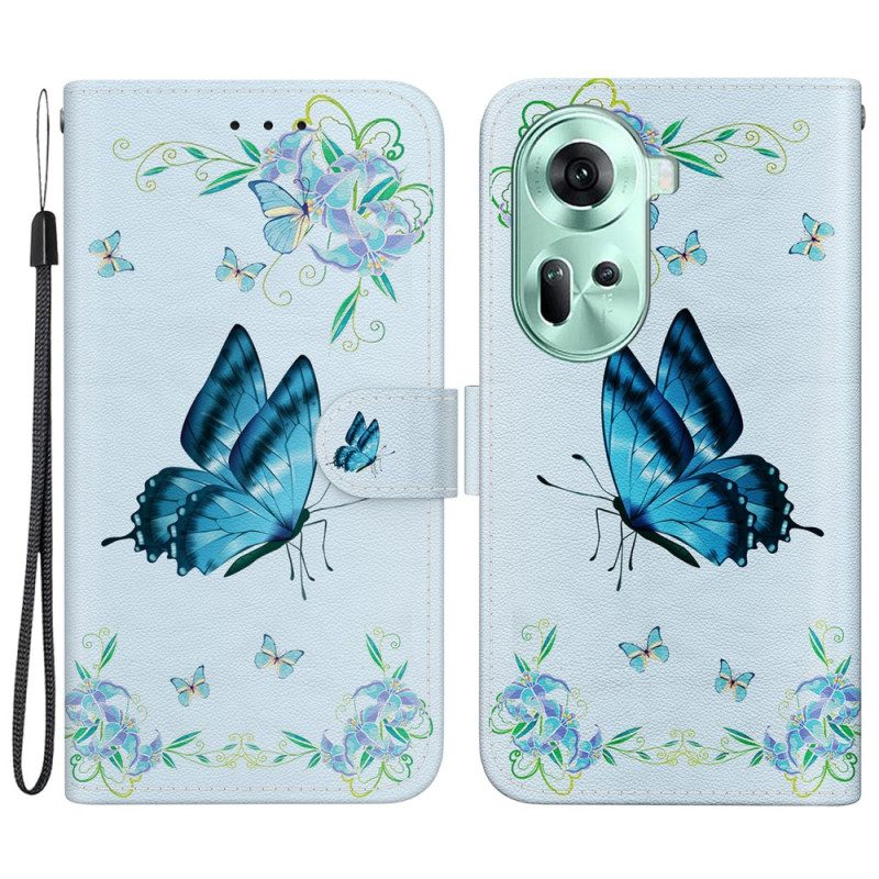 Lederhüllen Für Oppo Reno 11 5g Blauer Schmetterling Und Blumen Mit Riemen