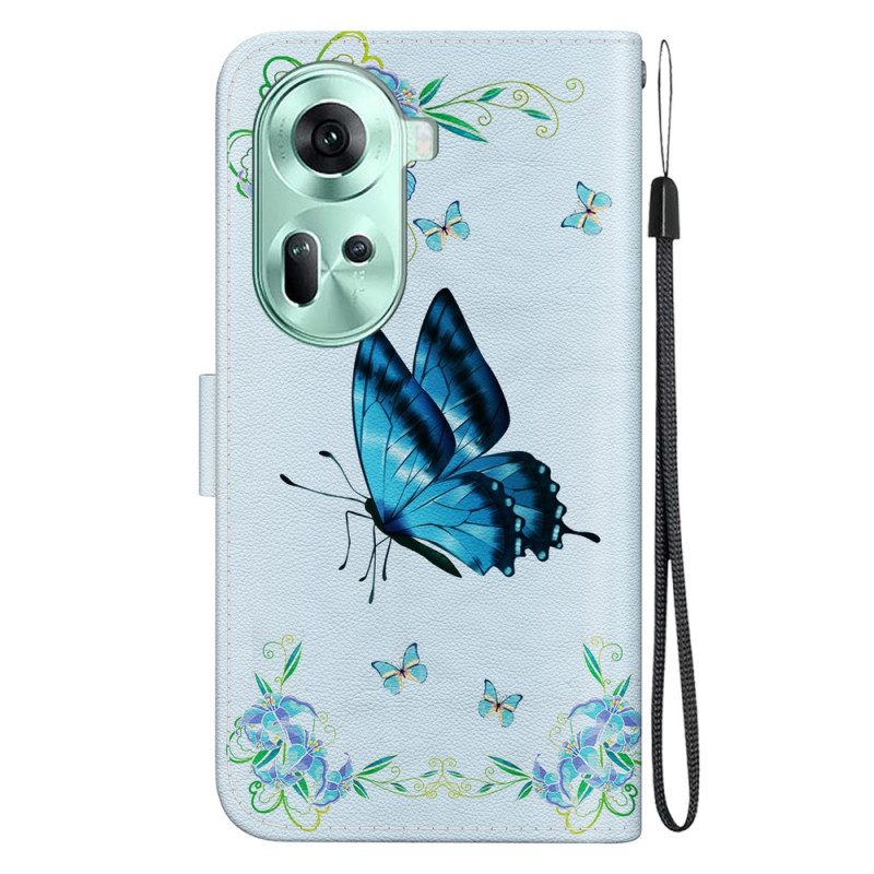 Lederhüllen Für Oppo Reno 11 5g Blauer Schmetterling Und Blumen Mit Riemen