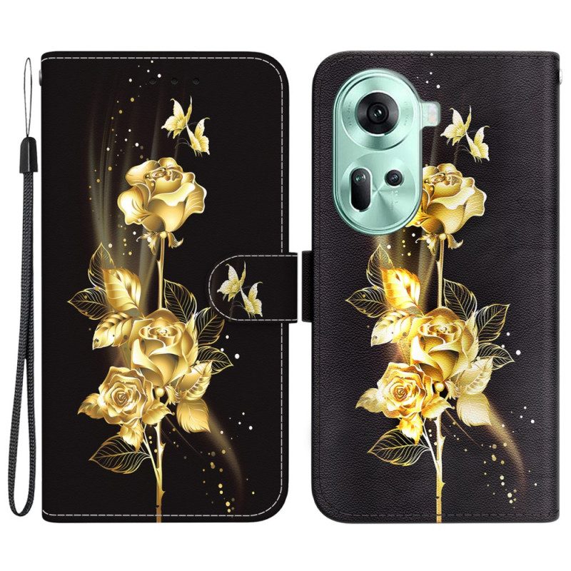 Lederhüllen Oppo Reno 11 5g Goldene Und Rosa Schmetterlinge Mit Riemen