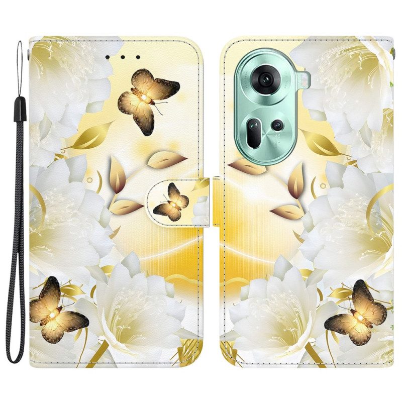 Lederhüllen Oppo Reno 11 5g Handyhülle Goldene Schmetterlinge Und Blumen Mit Riemen