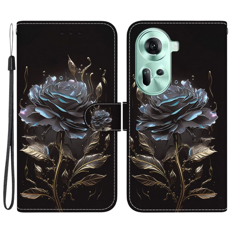 Lederhüllen Oppo Reno 11 5g Handyhülle Schwarze Rose Mit Riemen