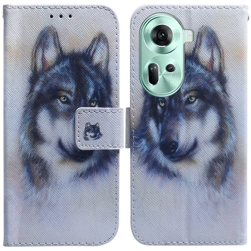 Lederhüllen Oppo Reno 11 5g Handyhülle Wolf-aquarell