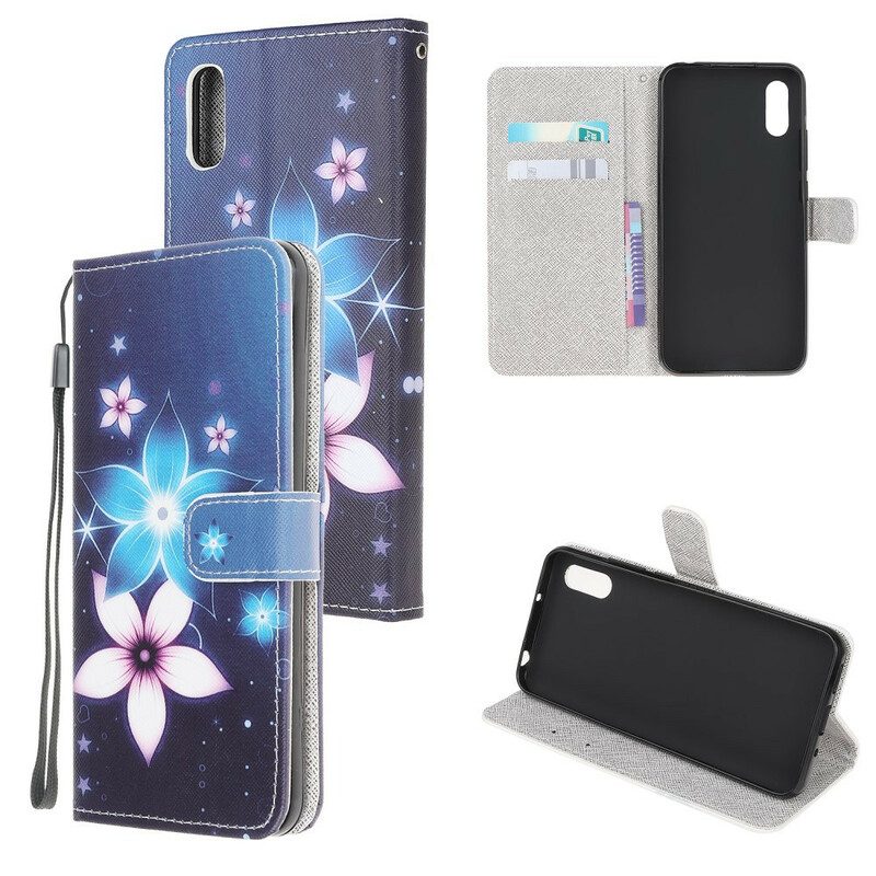 Flip Case Für Xiaomi Redmi 9A Mit Kordel Mondriemenblumen