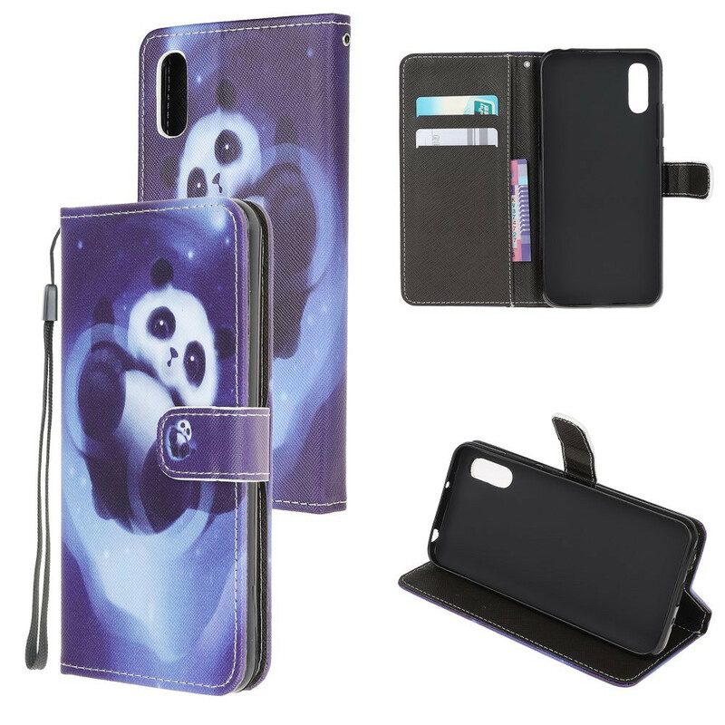 Flip Case Für Xiaomi Redmi 9A Mit Kordel Panda Space Mit Schlüsselband