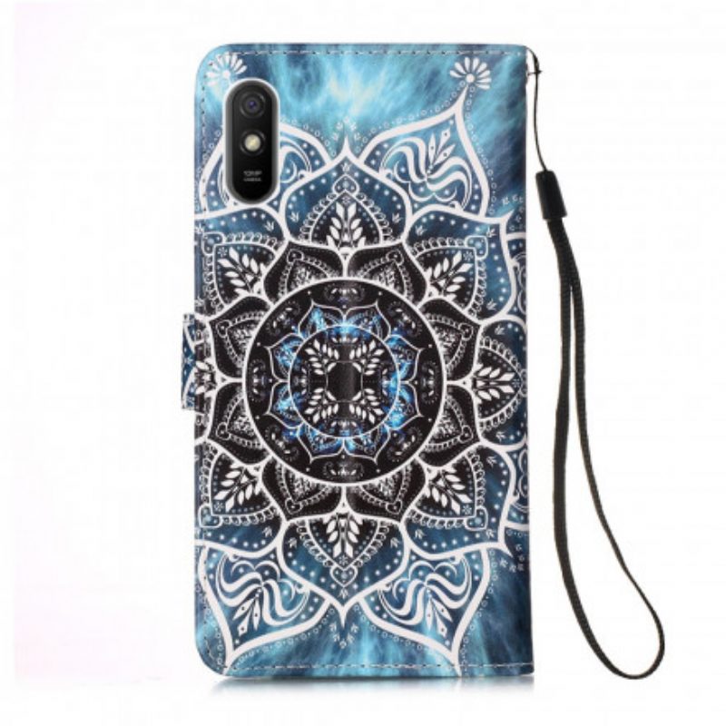 Flip Case Für Xiaomi Redmi 9A Mit Kordel Schwarzes Riemchen-mandala