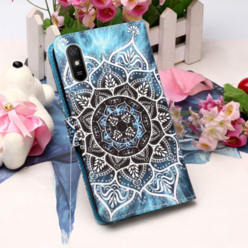 Flip Case Für Xiaomi Redmi 9A Mit Kordel Schwarzes Riemchen-mandala