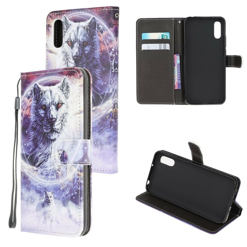 Flip Case Für Xiaomi Redmi 9A Wolf Im Winter Mit Schlüsselband