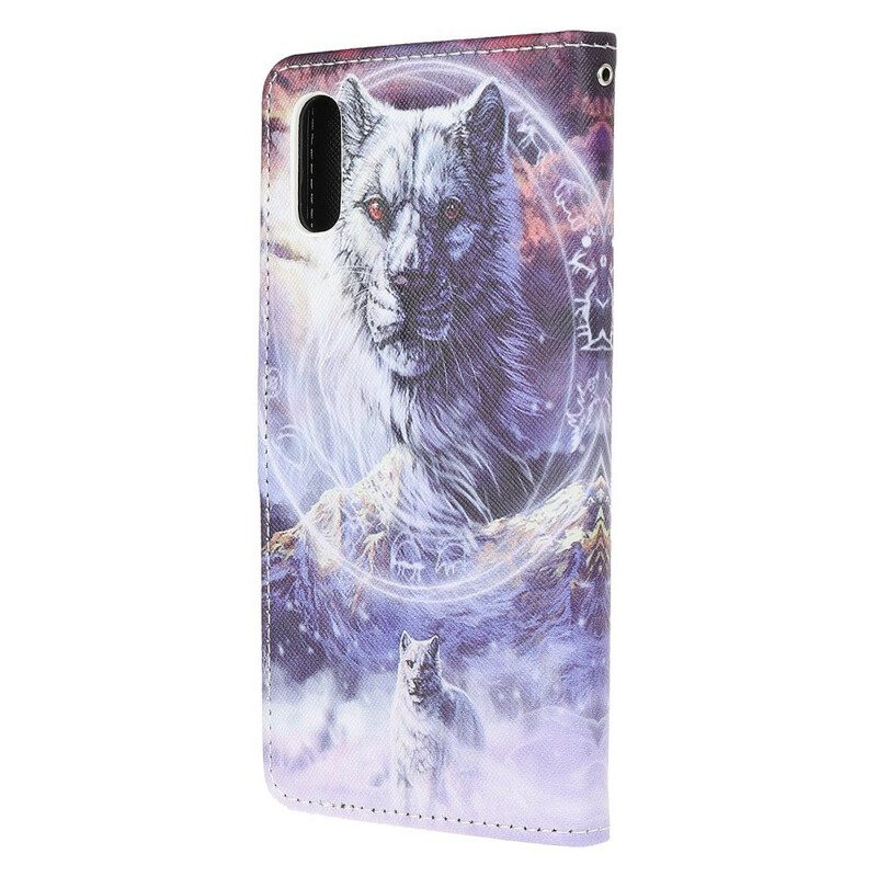 Flip Case Für Xiaomi Redmi 9A Wolf Im Winter Mit Schlüsselband