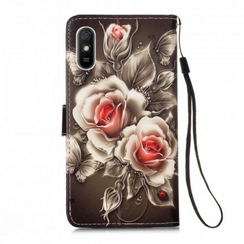 Lederhüllen Für Xiaomi Redmi 9A Mit Kordel Schwarze Rose Mit Riemen