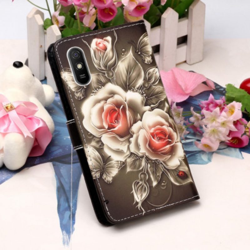 Lederhüllen Für Xiaomi Redmi 9A Mit Kordel Schwarze Rose Mit Riemen