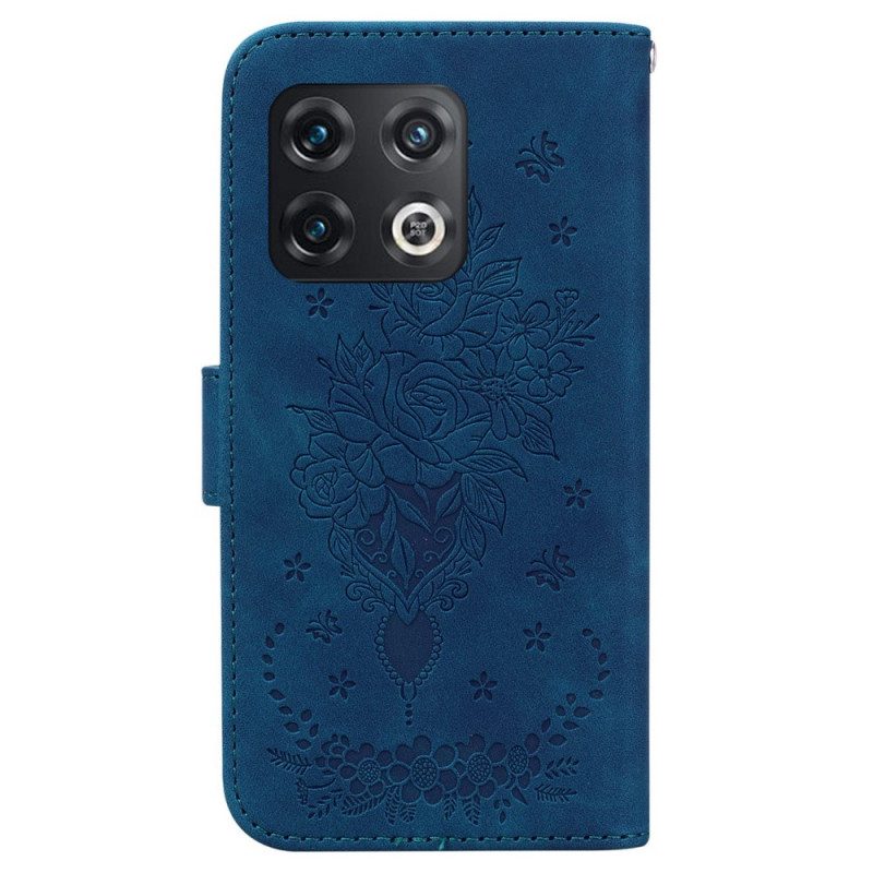 Flip Case Für OnePlus 10 Pro 5G Mit Kordel Riemchenrosen Und Schmetterlinge