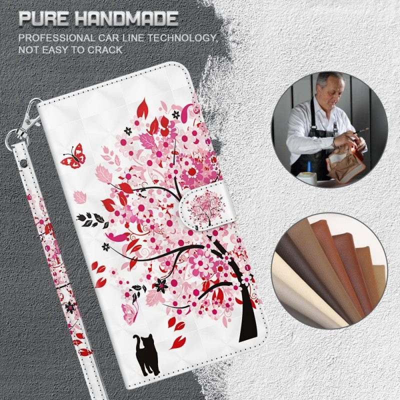 Flip Case Für OnePlus Nord 2 5G Rosa Baum Und Schwarze Katze