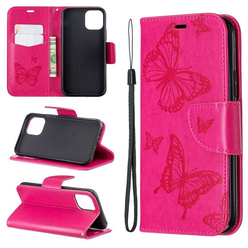 Flip Case Für iPhone 11 Pro Mit Kordel Riemchen Mit Schmetterlingen-print