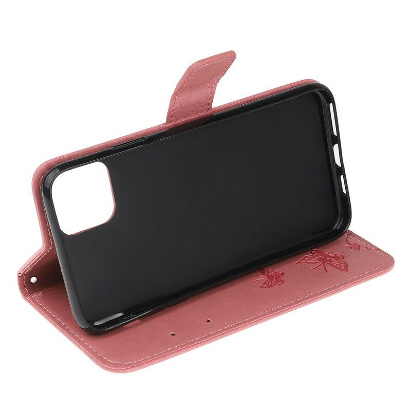 Flip Case Für iPhone 11 Pro Mit Kordel Riemchenblumenmuster