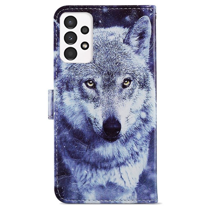 Flip Case Für Samsung Galaxy A13 Hervorragender Wolf Mit Schlüsselband