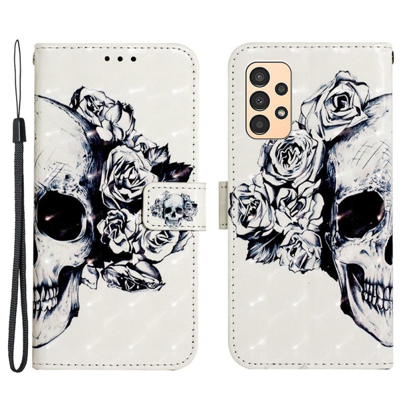 Flip Case Für Samsung Galaxy A13 Mit Kordel Blumenschädel Mit Riemen