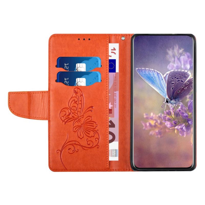 Flip Case Für Samsung Galaxy A13 Mit Kordel Zweifarbiger Schmetterling Mit Riemen