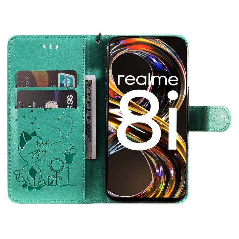 Flip Case Für Realme 8i Mit Kordel Katze Und Biene Mit Schlüsselband