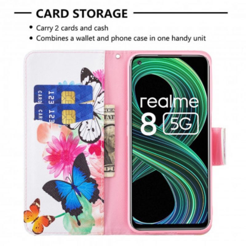 Flip Case Für Realme 8 5G Bemalte Schmetterlinge Und Blumen