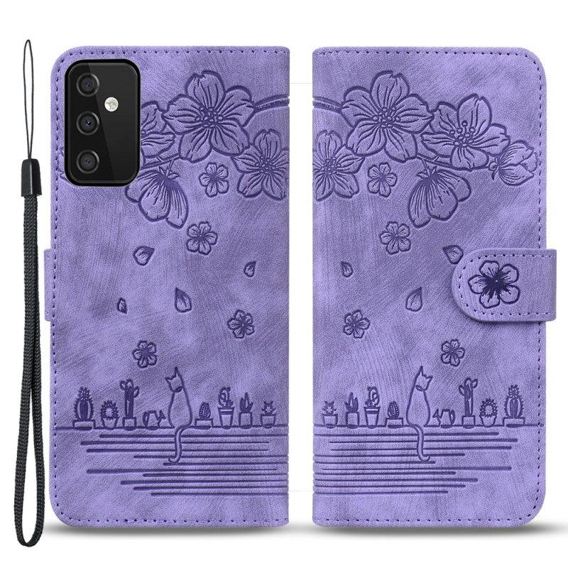 Flip Case Für Samsung Galaxy A34 5G Mit Kordel Blumen-tanga-katze